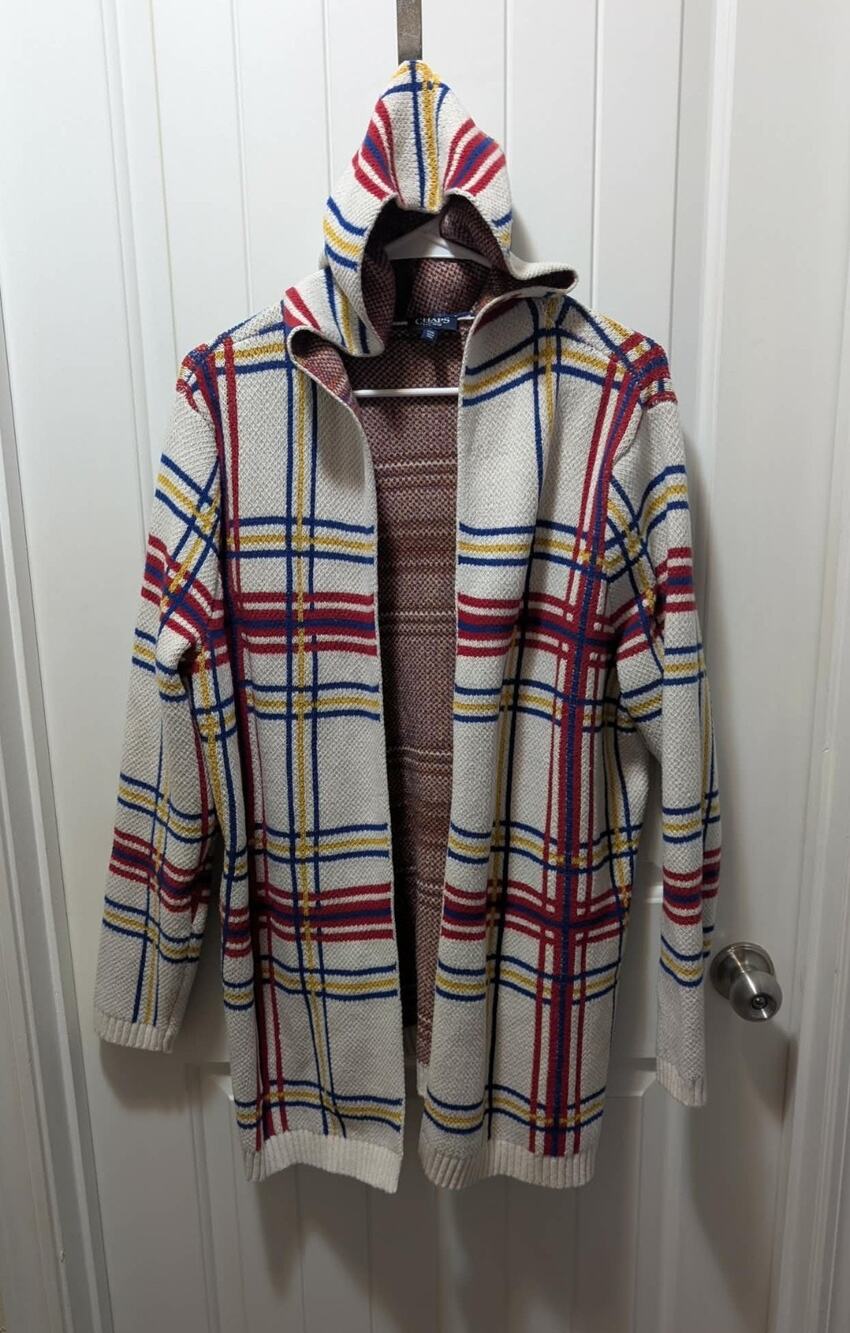 Chaps Long Sweater Cardigan Hooded Multicolor Plaid Women's Size XXL